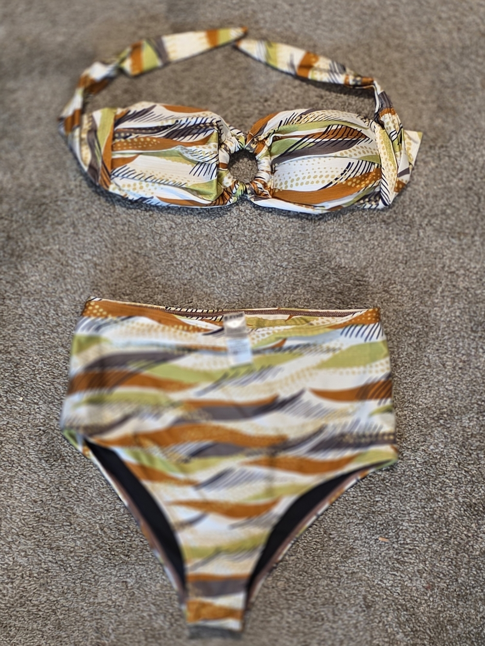 High-Waist Bandeau Bikini Set in Olive & Rust Wave Print